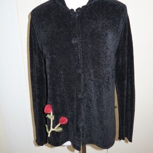Coldwater Creek Black Size M Chenille Cardigan Sweater with Red Rose Detail
